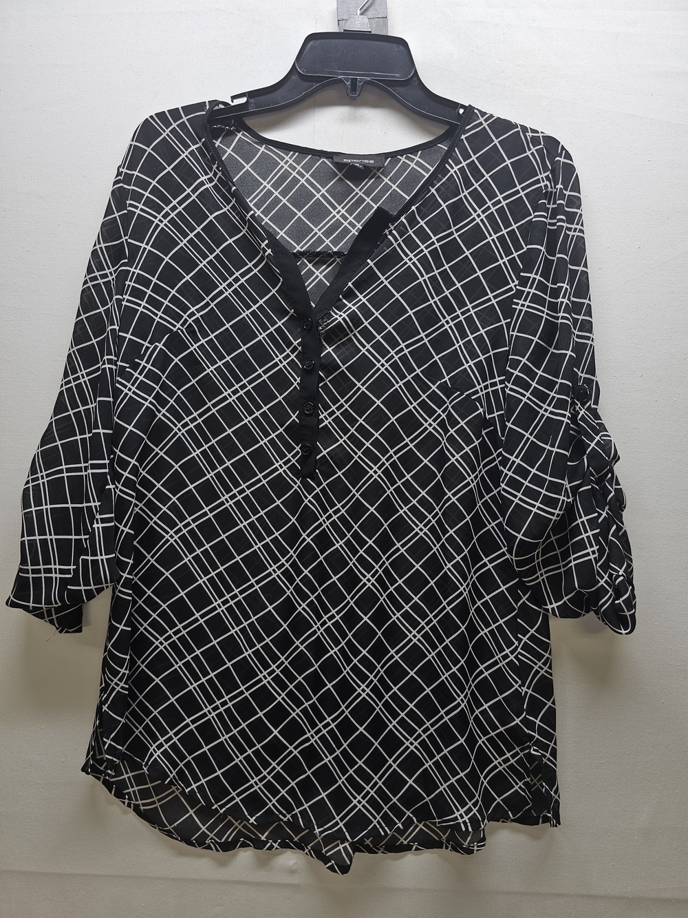 Spense Womens Medium Black White Geometric Grid Chiffon Top 3/4 Roll Tab Sleeve